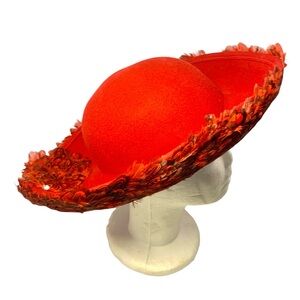 Women's VTG Red Wool Bowler/Church Hat Wide Brim WPL 4384 with Feathers *READ*